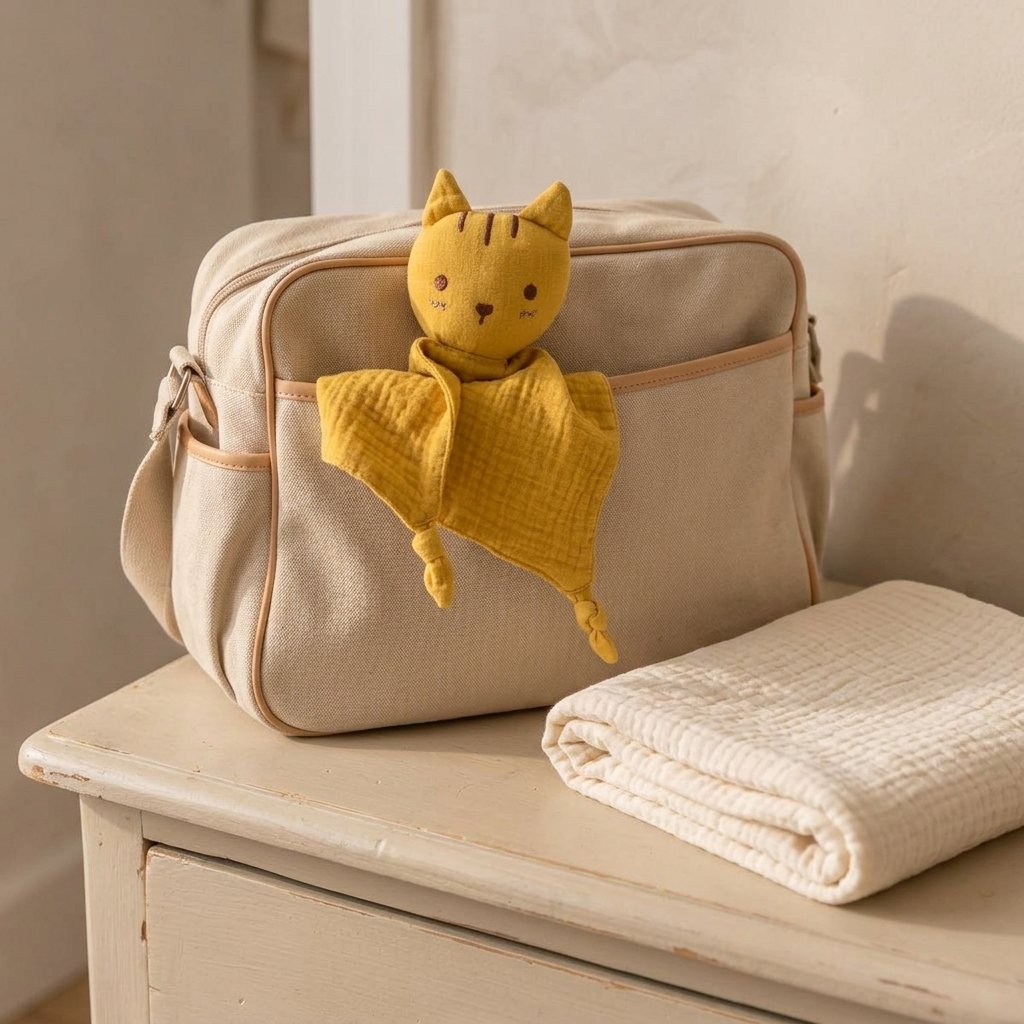 Doudou chat qui dépasse d'un sac à langer