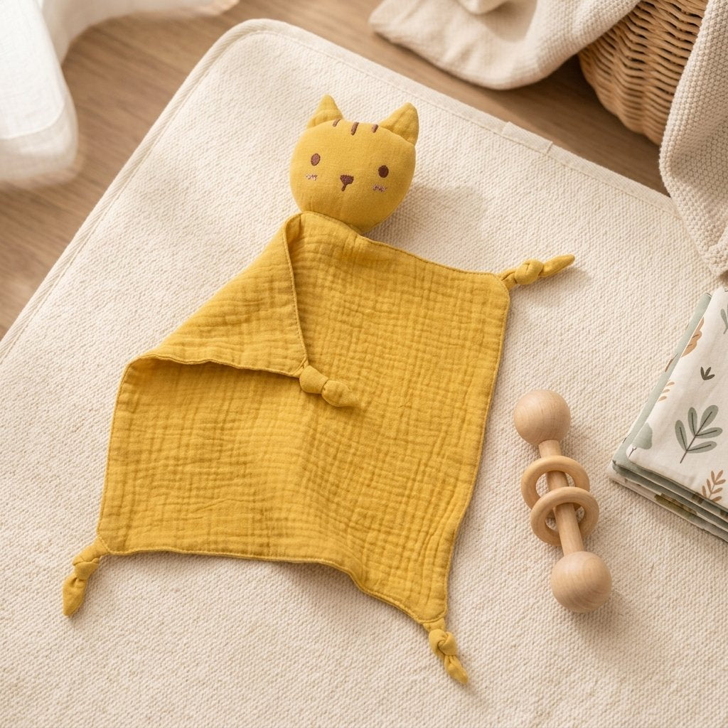 Doudou chat sur un tapis de jeu avec un hochet en bois
