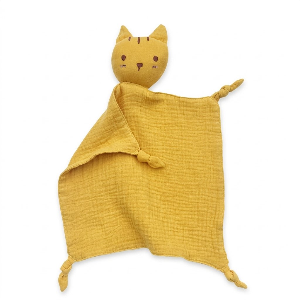 Doudou chat en gaze de coton moutarde