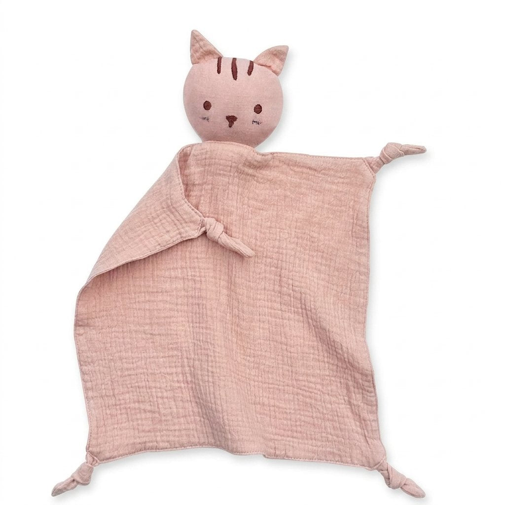 Doudou chat en gaze de coton rose poudré