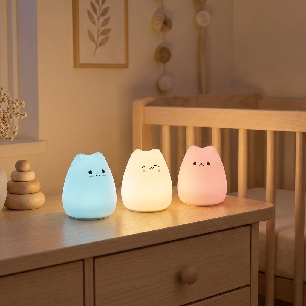 Trois veilleuses chaton allumées en bleu, blanc et rose