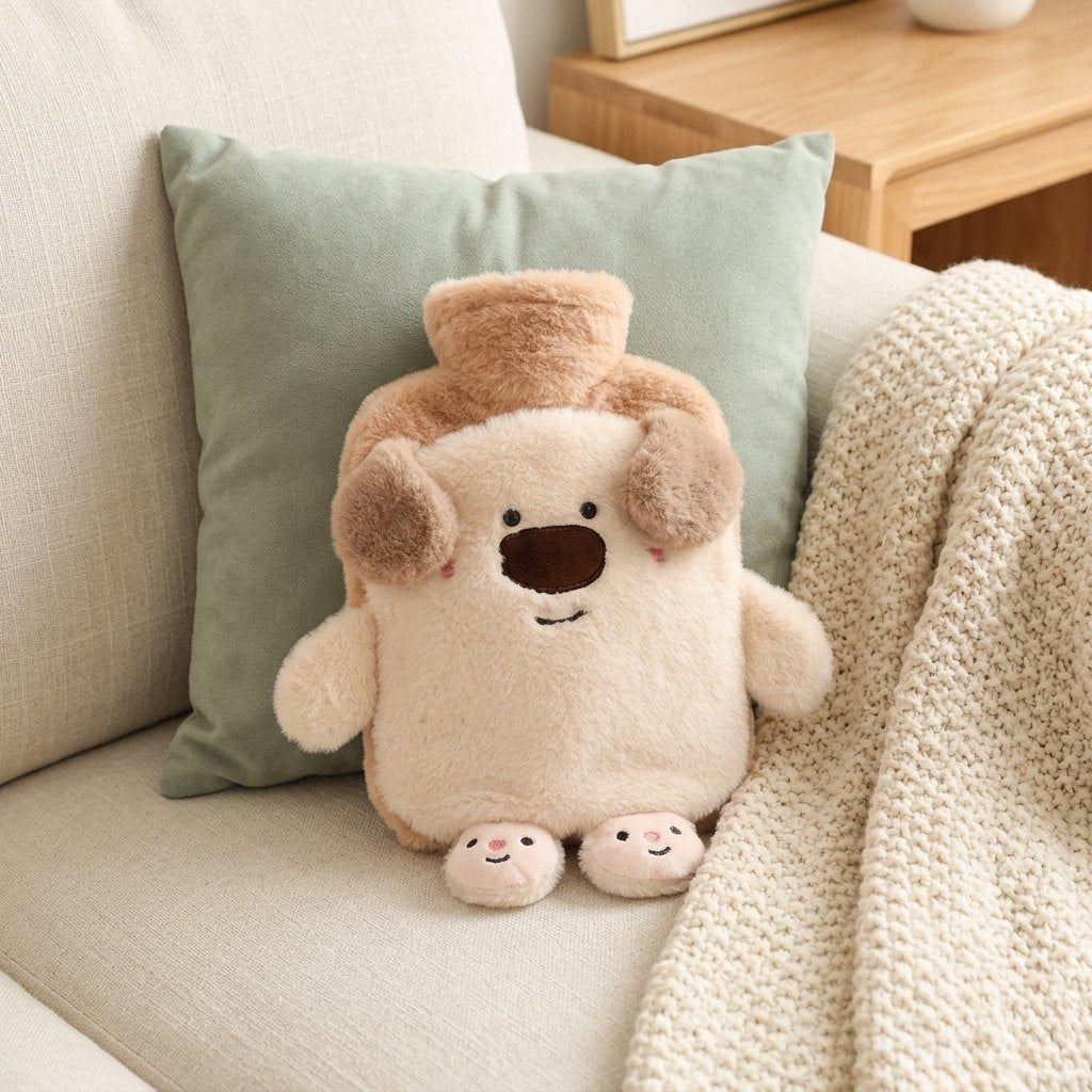 Bouillotte chien sur un canapé en lin avec un coussin sauge Image