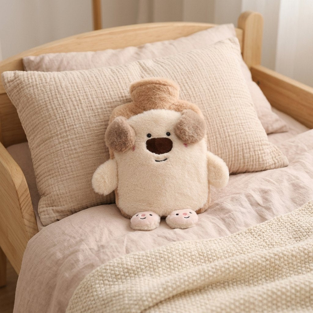 Bouillotte chien sur l’oreiller d’un lit d’enfant
