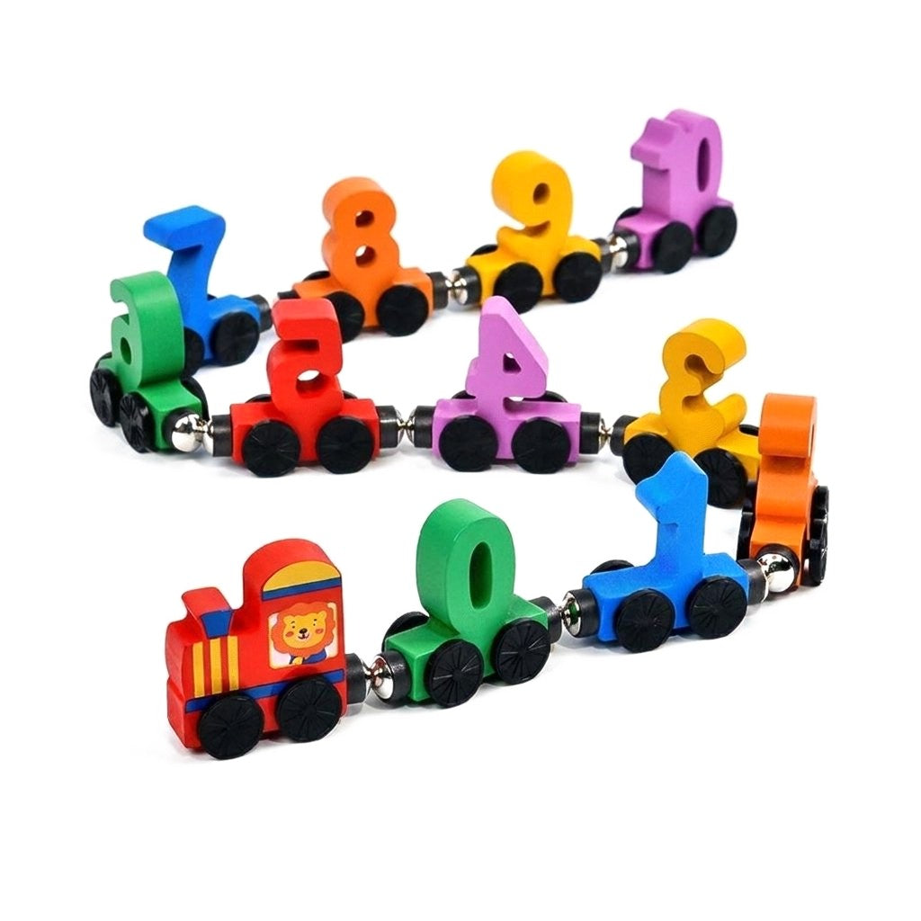 Train magnétique en bois, locomotive rouge et wagons chiffres de 0 à 10