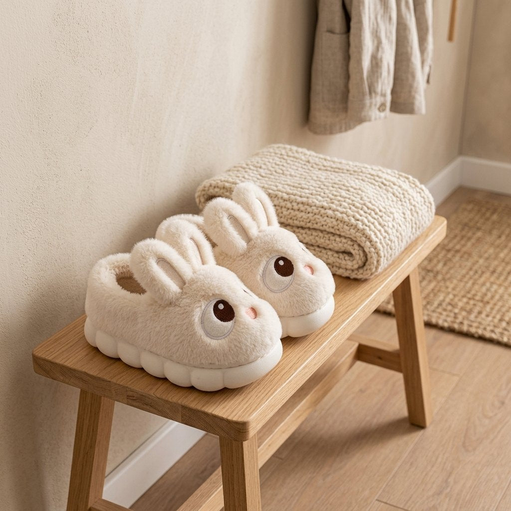 Chaussons lapin crème sur un banc en bois dans une entrée Image