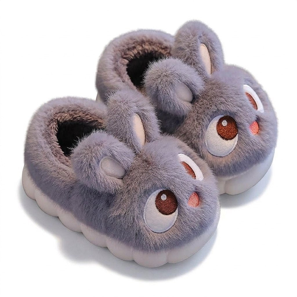 Chaussons lapin en peluche gris