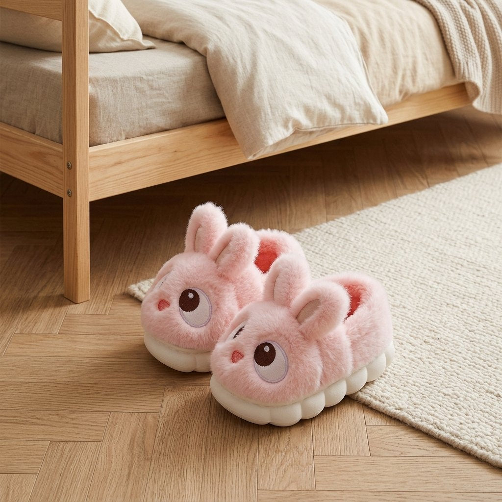 Chaussons lapin roses sur un parquet au pied d’un lit d’enfant