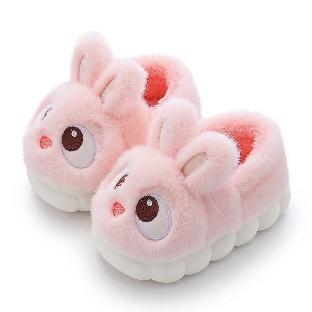 Chaussons lapin en peluche rose pour enfant