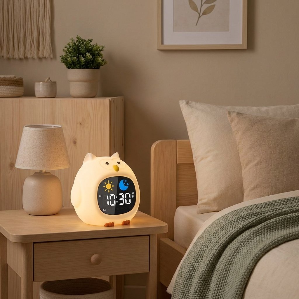 Réveil veilleuse chouette allumé le soir sur une table de nuit