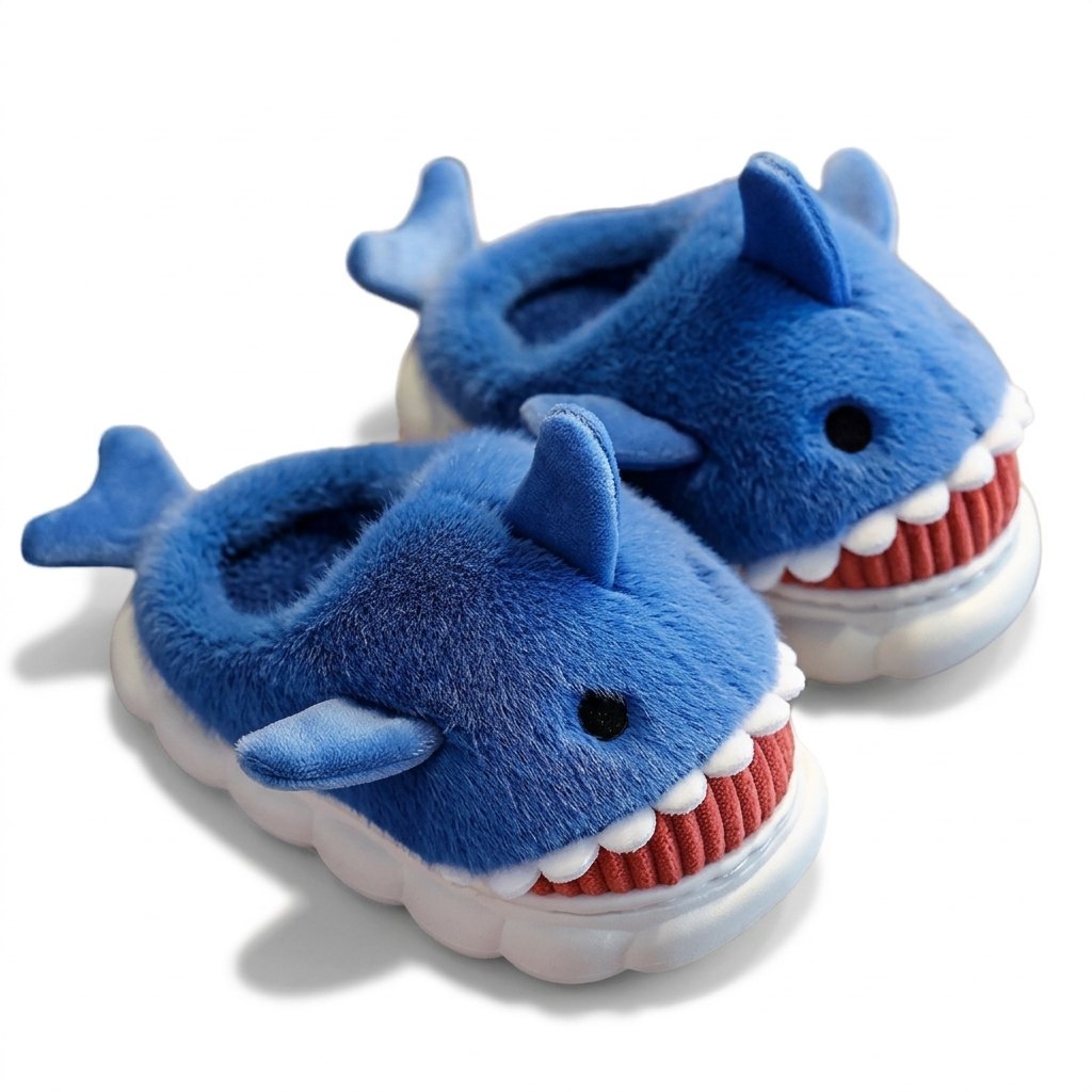 Chaussons requin en peluche bleus pour enfant