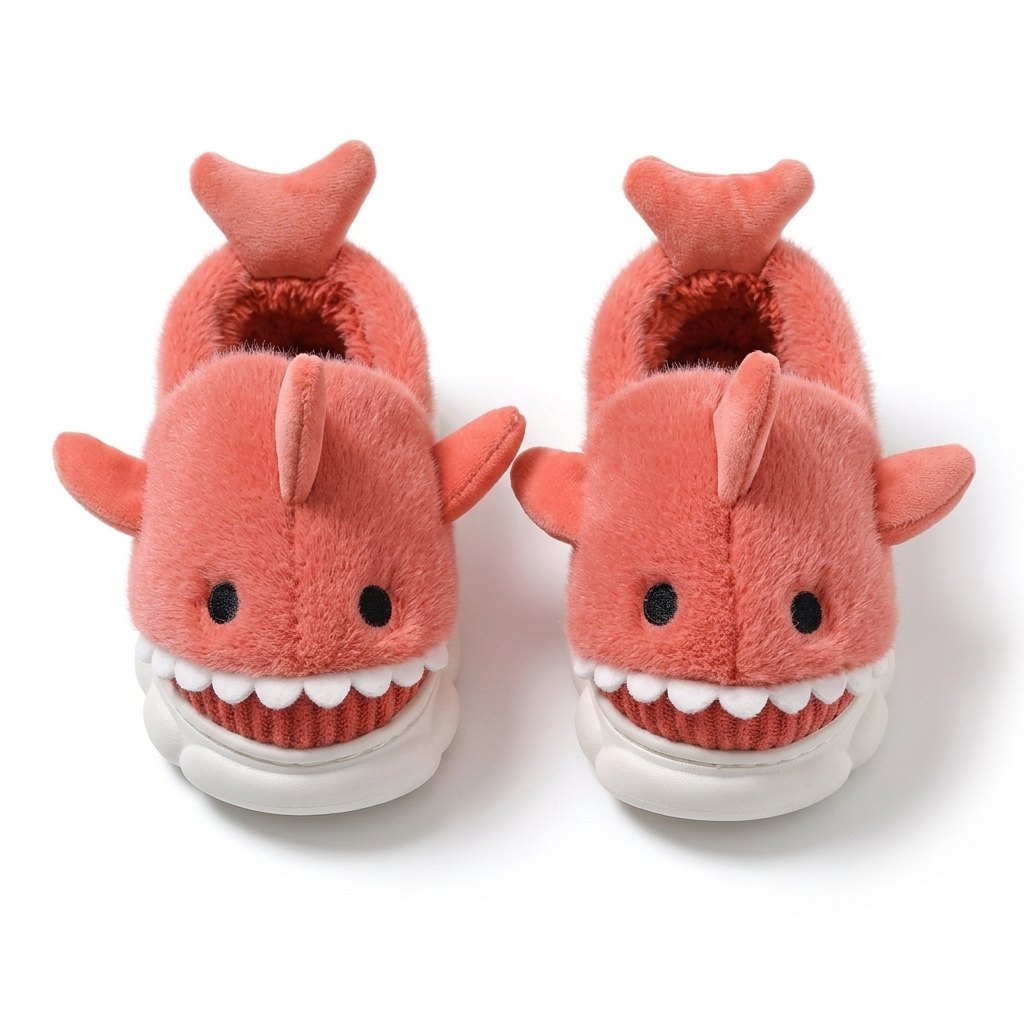 Chaussons requin en peluche rouge corail