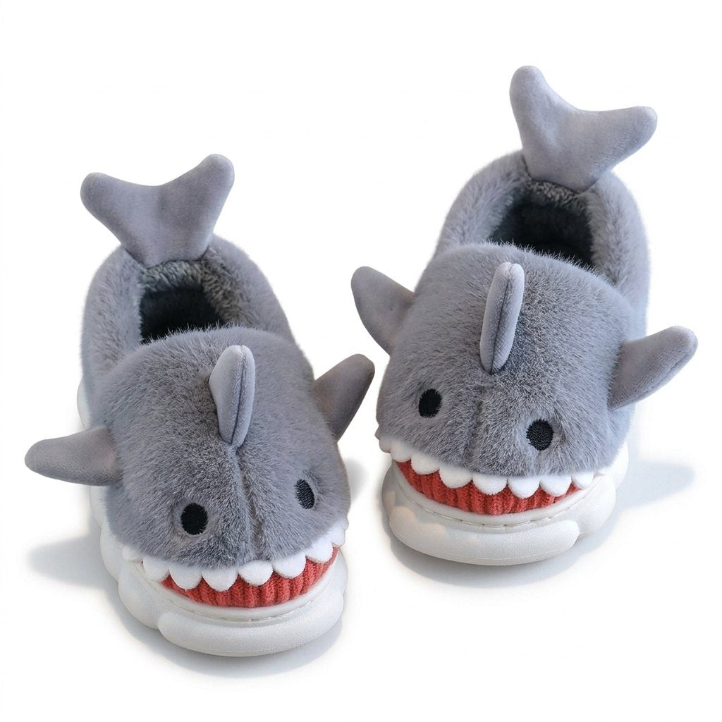 Chaussons requin en peluche gris