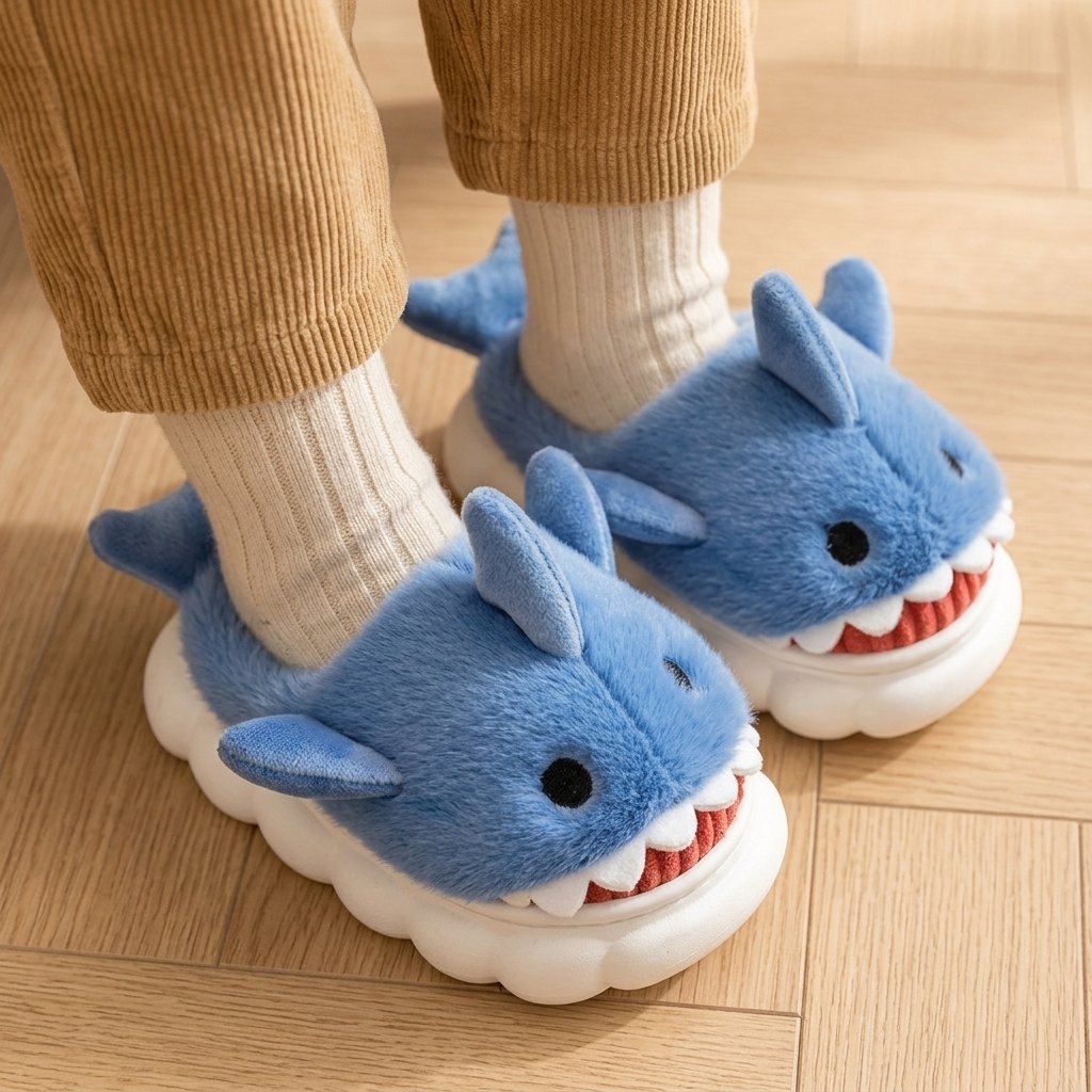 Chaussons requin bleus aux pieds d’un enfant