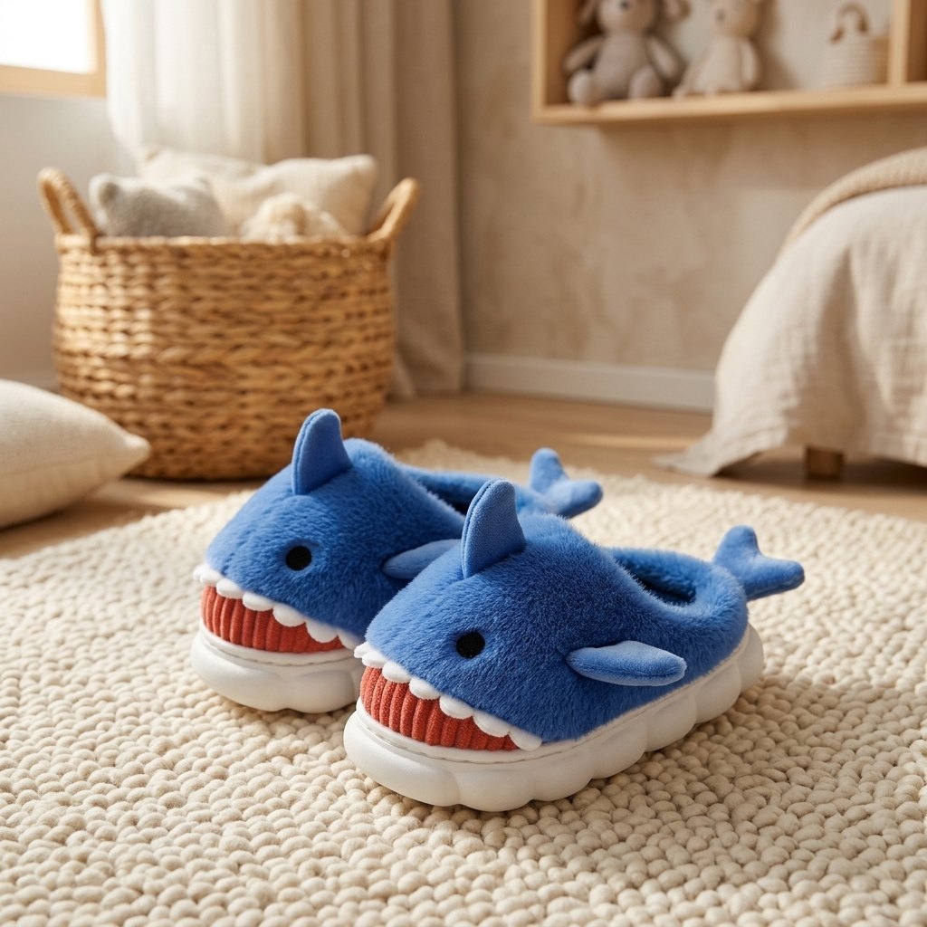 Chaussons requin bleus sur un tapis de chambre d’enfant
