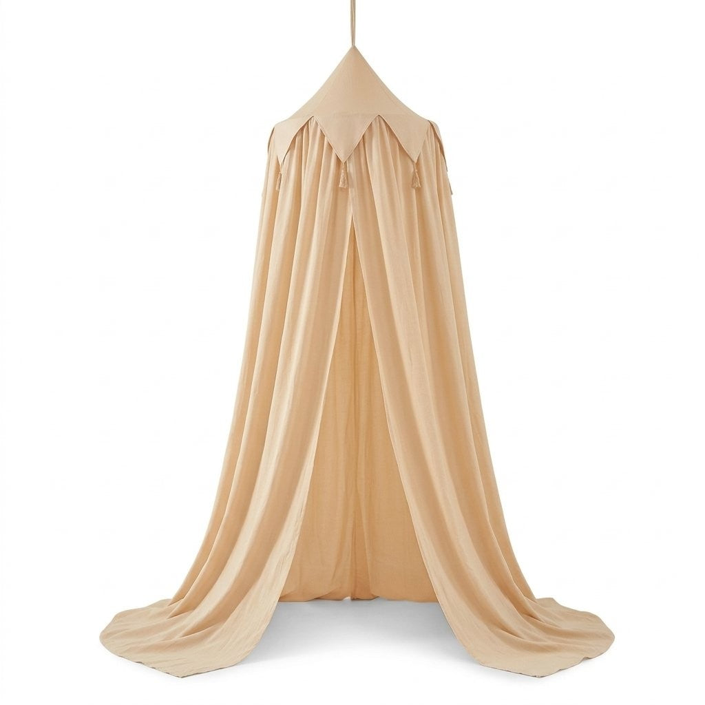 Ciel de lit en voile beige, sommet à pompons