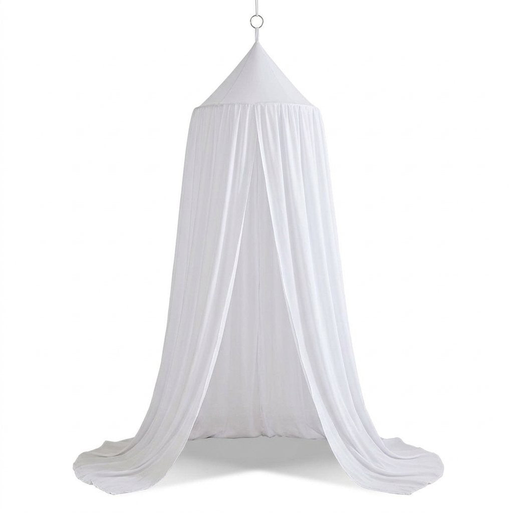 Ciel de lit en voile blanc, sommet à pompons