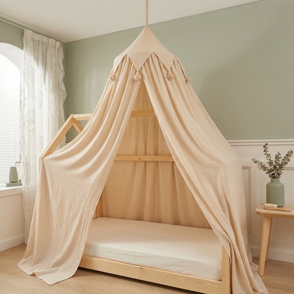 Ciel de lit beige suspendu au-dessus d'un lit cabane