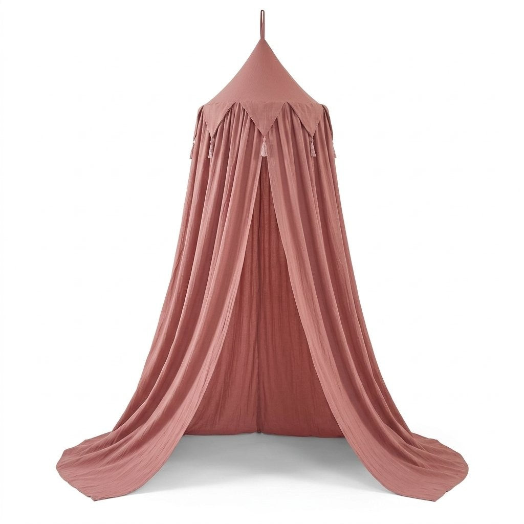 Ciel de lit en voile vieux rose, sommet à pompons