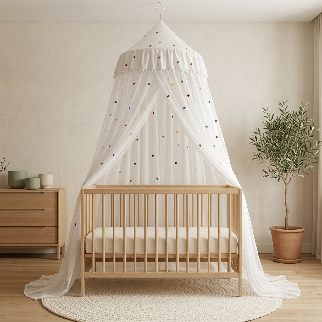 Ciel de lit double voile blanc au-dessus d'un lit à barreaux