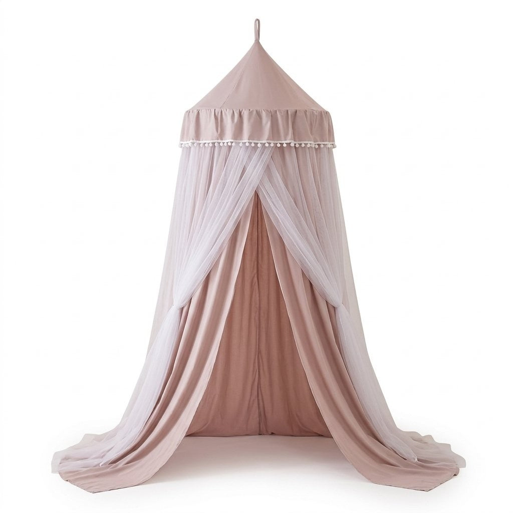 Ciel de lit double voile beige rosé et tulle blanc