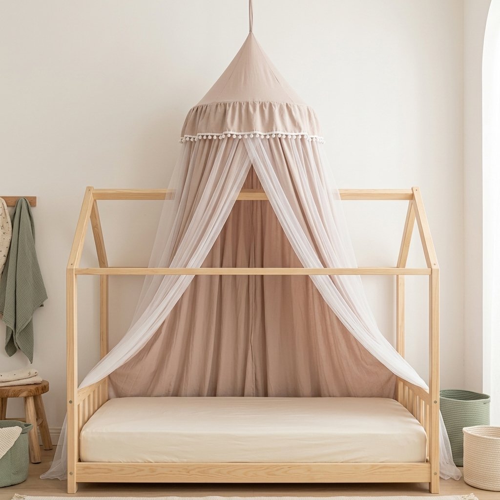 Ciel de lit double voile beige rosé au-dessus d'un lit cabane