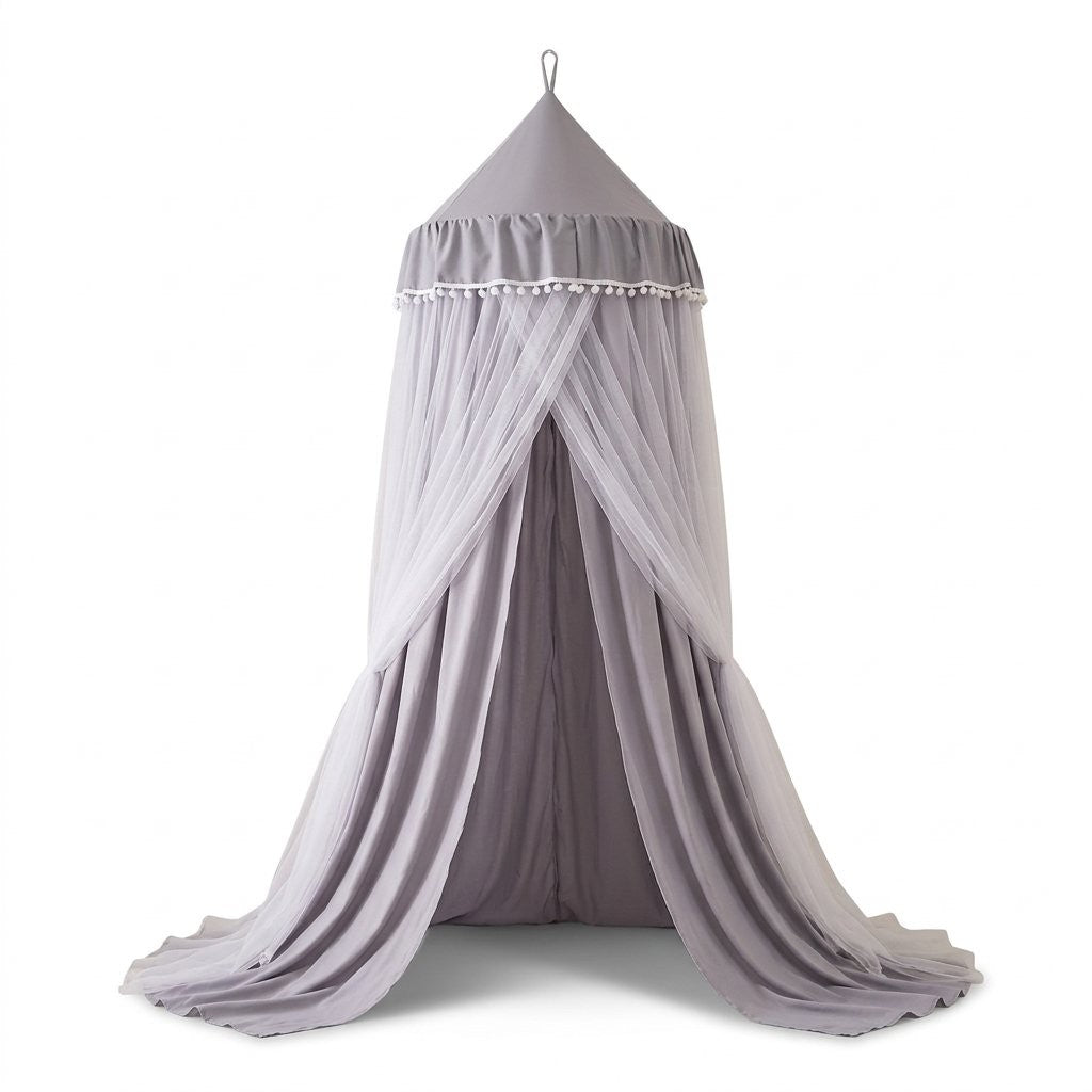 Ciel de lit double voile gris et tulle blanc