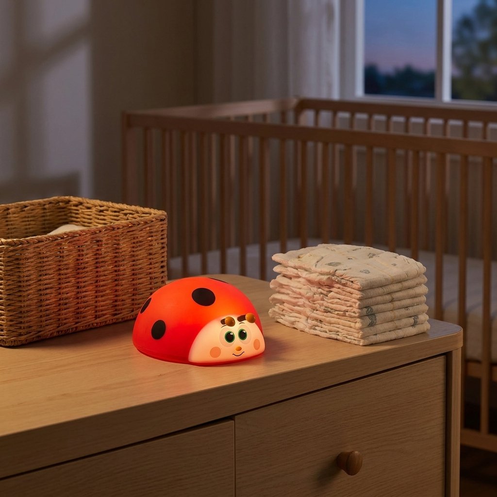 Veilleuse coccinelle sur une commode à côté de langes Image