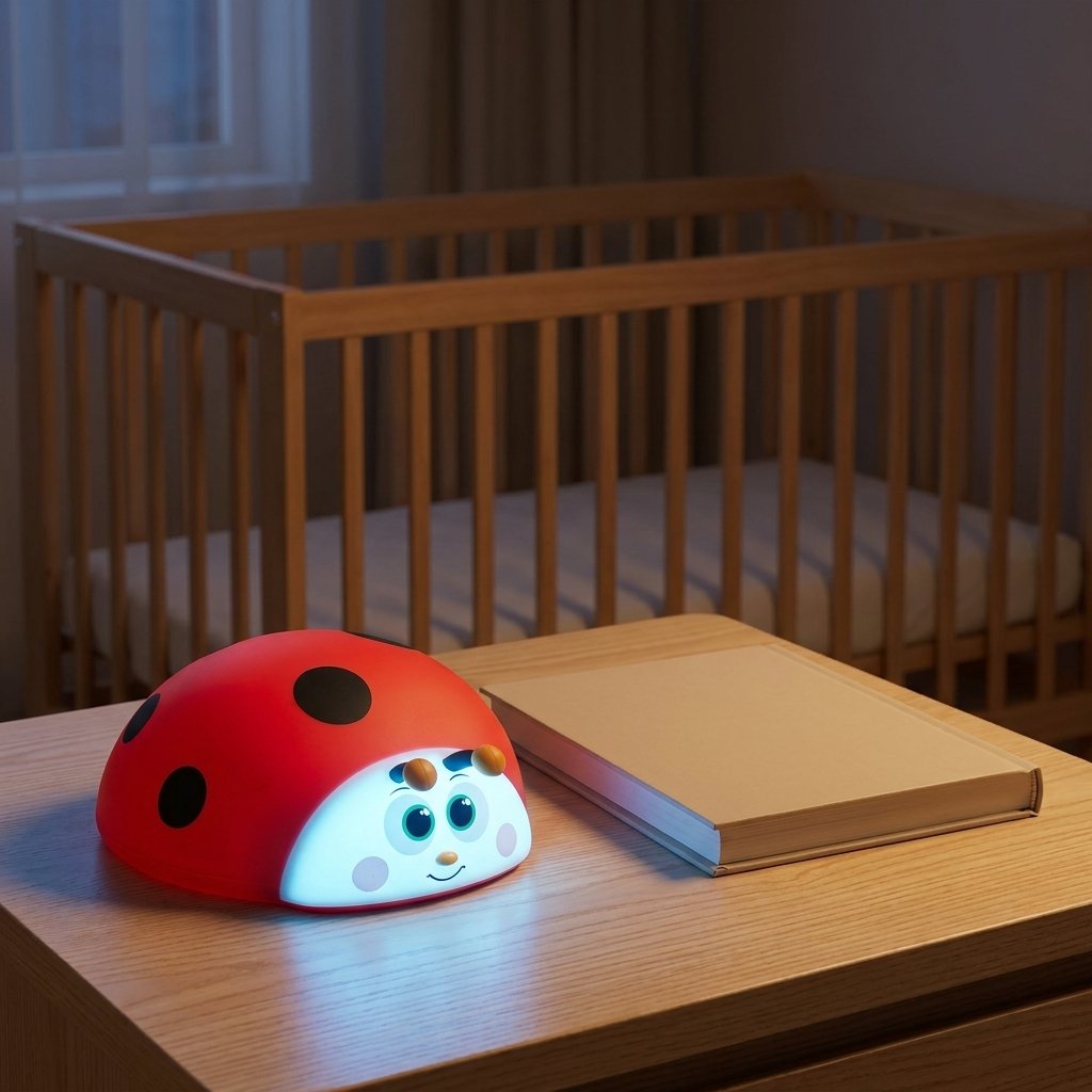 Veilleuse coccinelle allumée sur une table de chevet