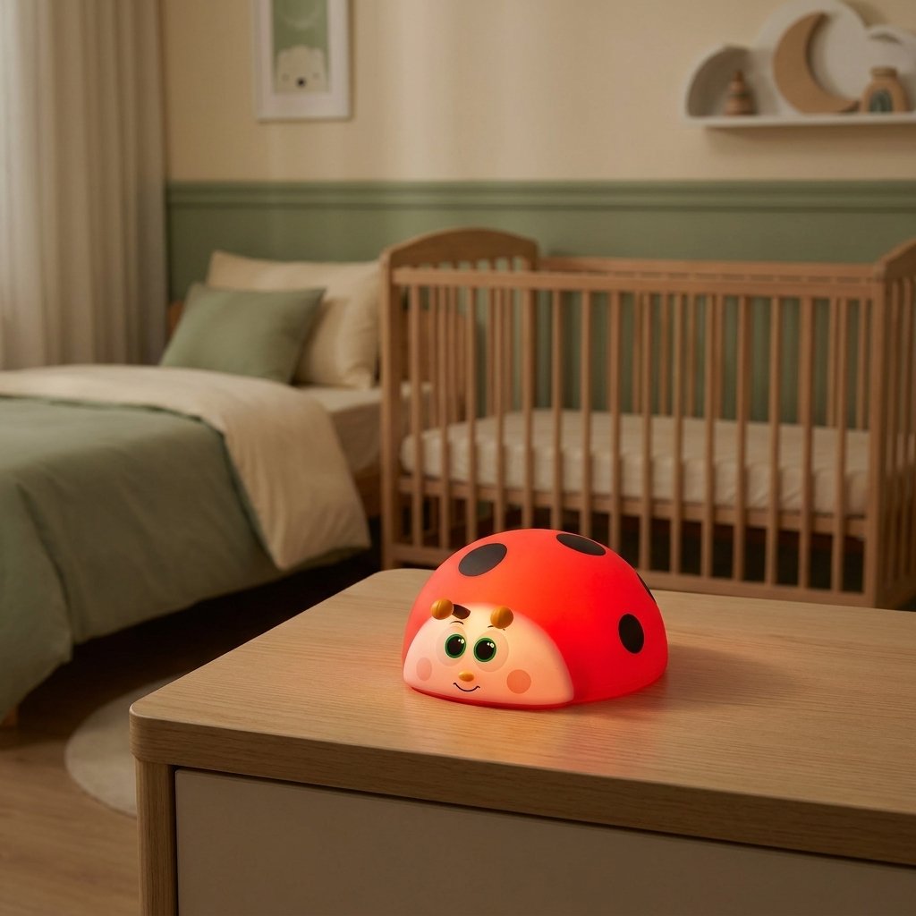 Veilleuse coccinelle sur une table de nuit