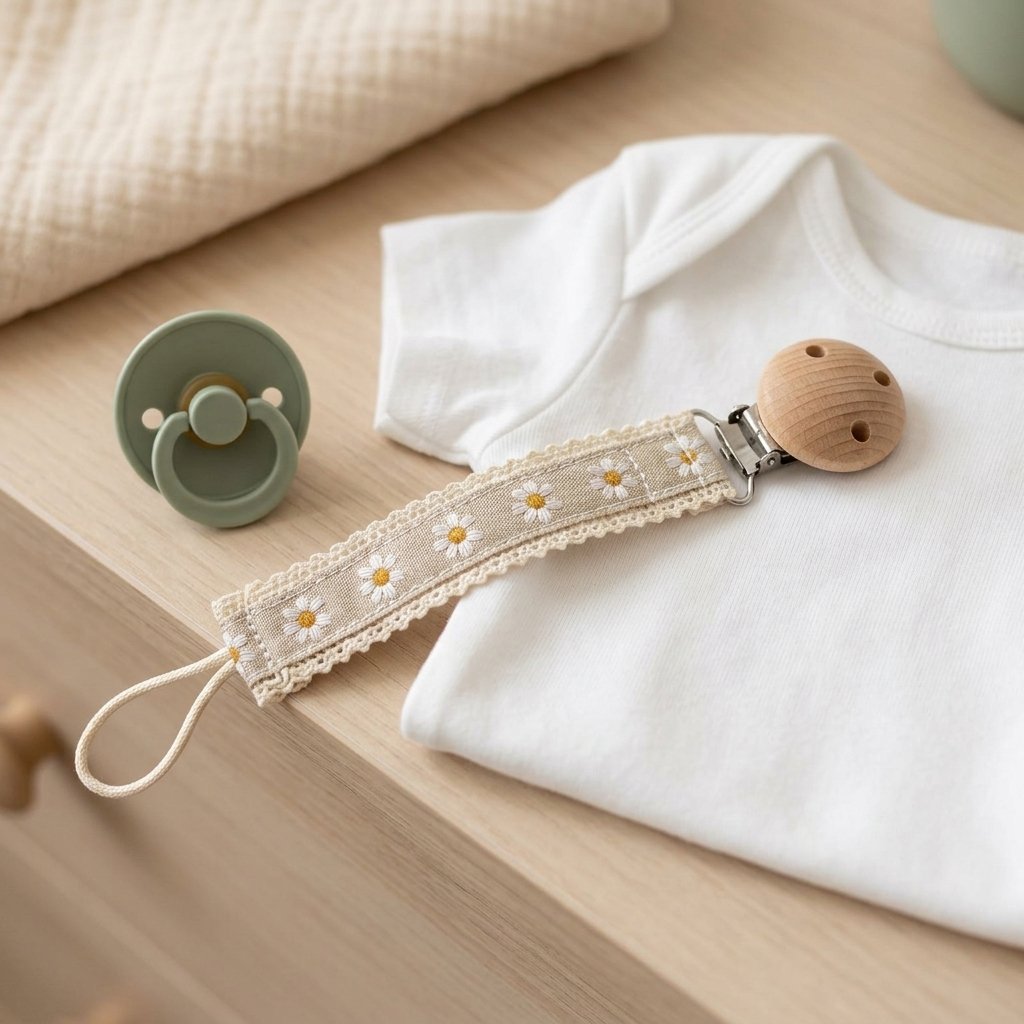 Attache tétine ruban à fleurs clipsée sur un body de bébé