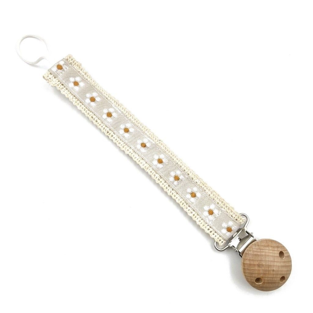 Attache tétine ruban à fleurs marguerites beige