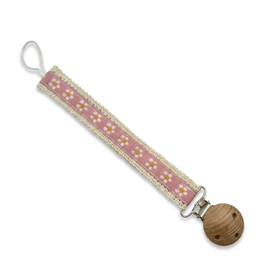 Attache tétine ruban à fleurs marguerites rose