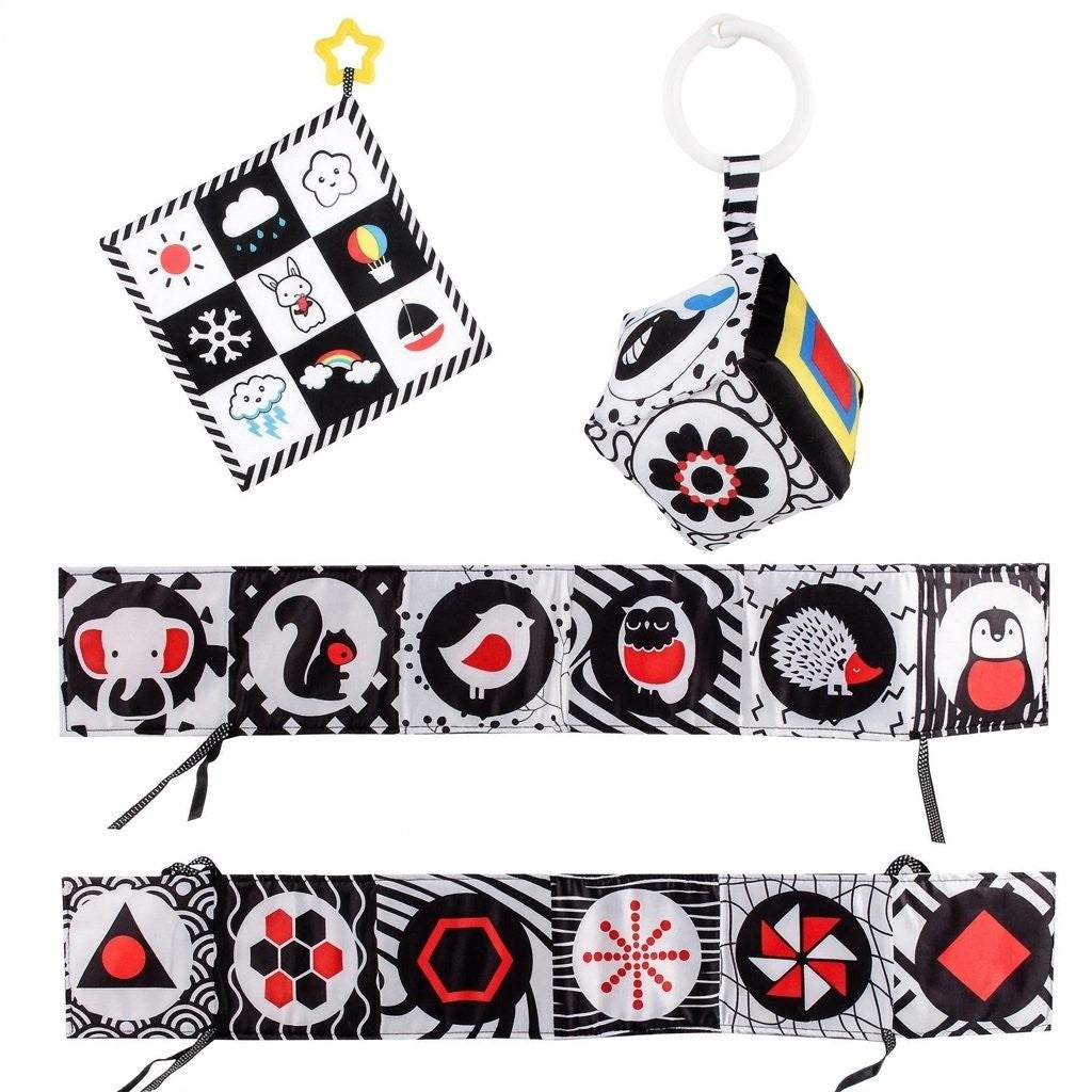 Coffret d'éveil noir et blanc : livre accordéon, carré froissé et cube en tissu