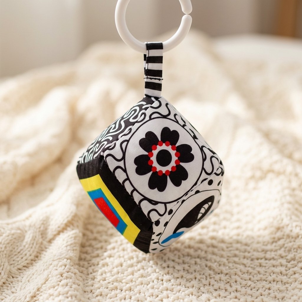 Cube en tissu noir et blanc suspendu par sa sangle