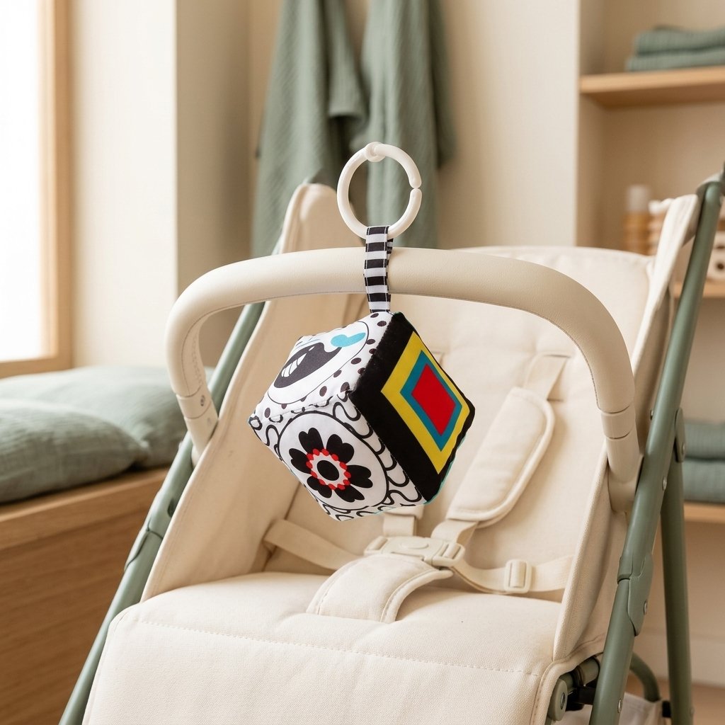 Cube en tissu noir et blanc suspendu à une poussette
