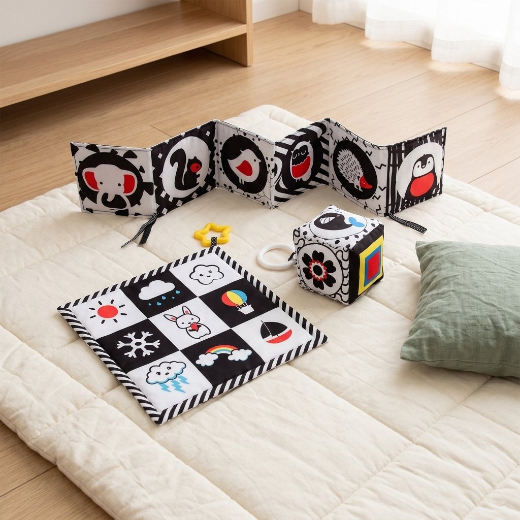 Coffret noir et blanc posé sur un tapis d'éveil Image