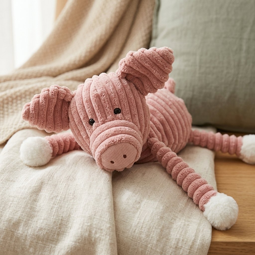 Détail du velours côtelé de la peluche cochon