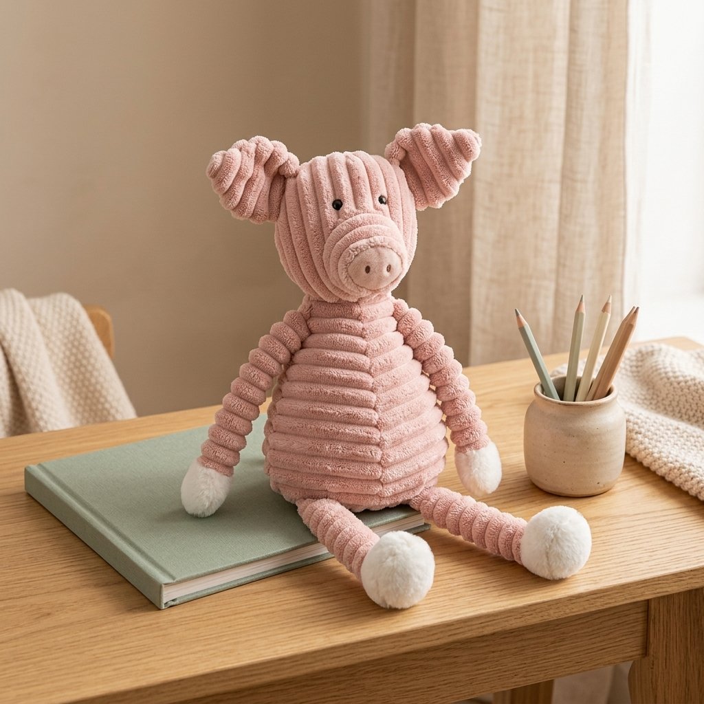 Peluche cochon en velours côtelé à côté d'un livre pour montrer sa taille
