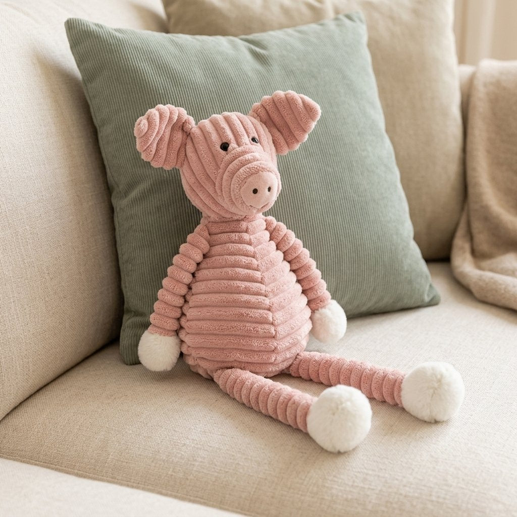 Peluche cochon en velours côtelé sur un canapé