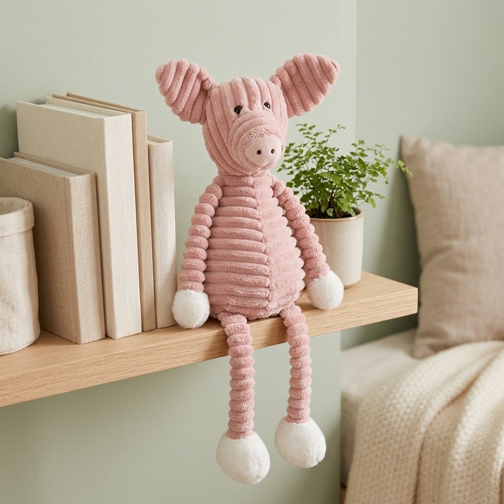 Peluche cochon assise au bord d'une étagère, jambes pendantes