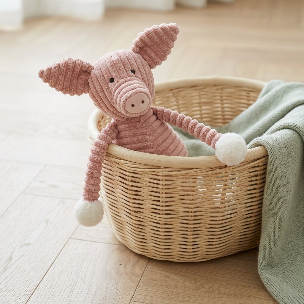 Peluche cochon en velours côtelé dans un panier en osier