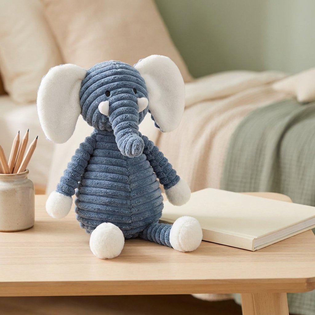 Peluche éléphant en velours côtelé à côté d'un livre pour montrer sa taille
