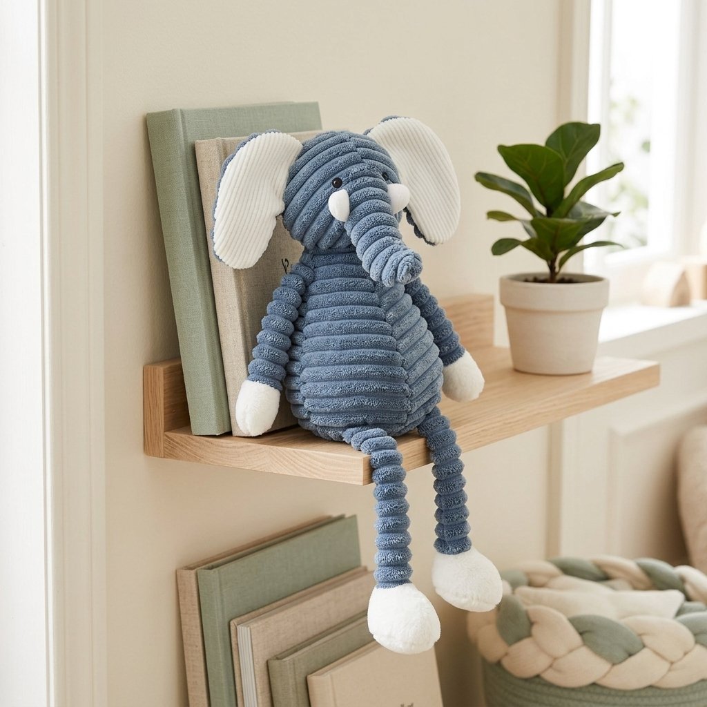 Peluche éléphant assise au bord d'une étagère, jambes pendantes