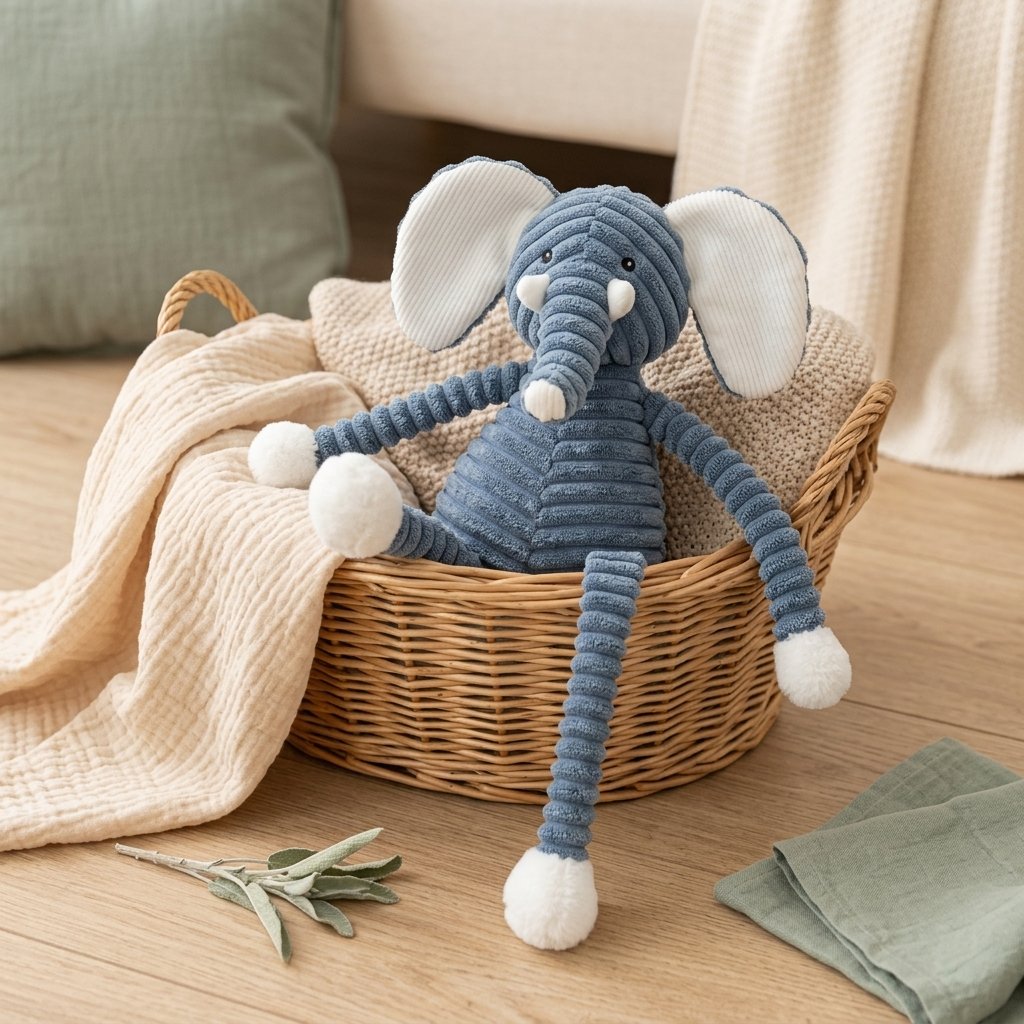 Peluche éléphant en velours côtelé dans un panier en osier