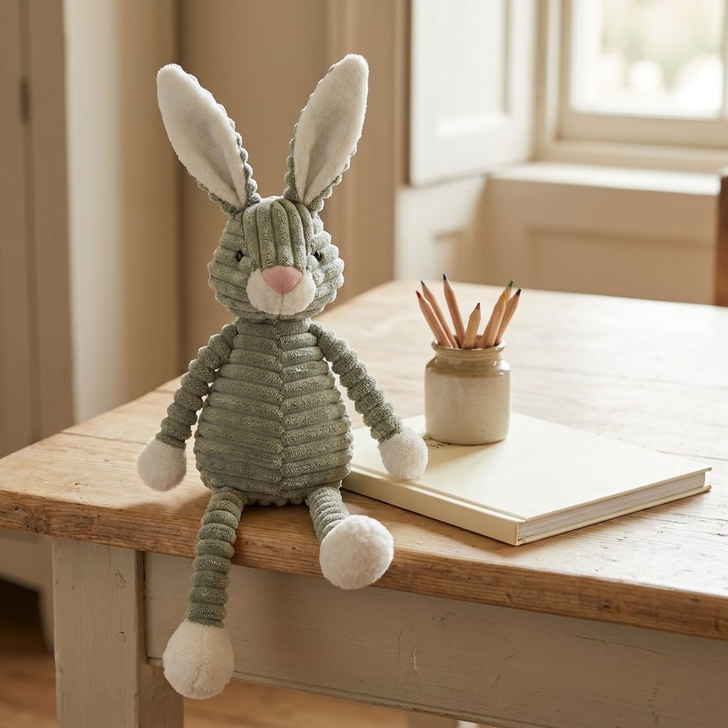Peluche lapin en velours côtelé à côté d'un livre pour montrer sa taille Image