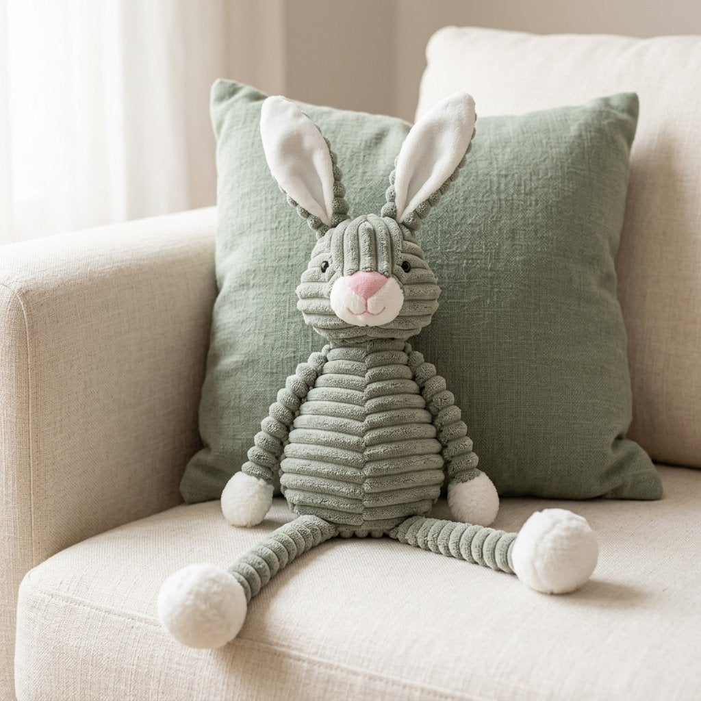 Peluche lapin en velours côtelé sur un canapé