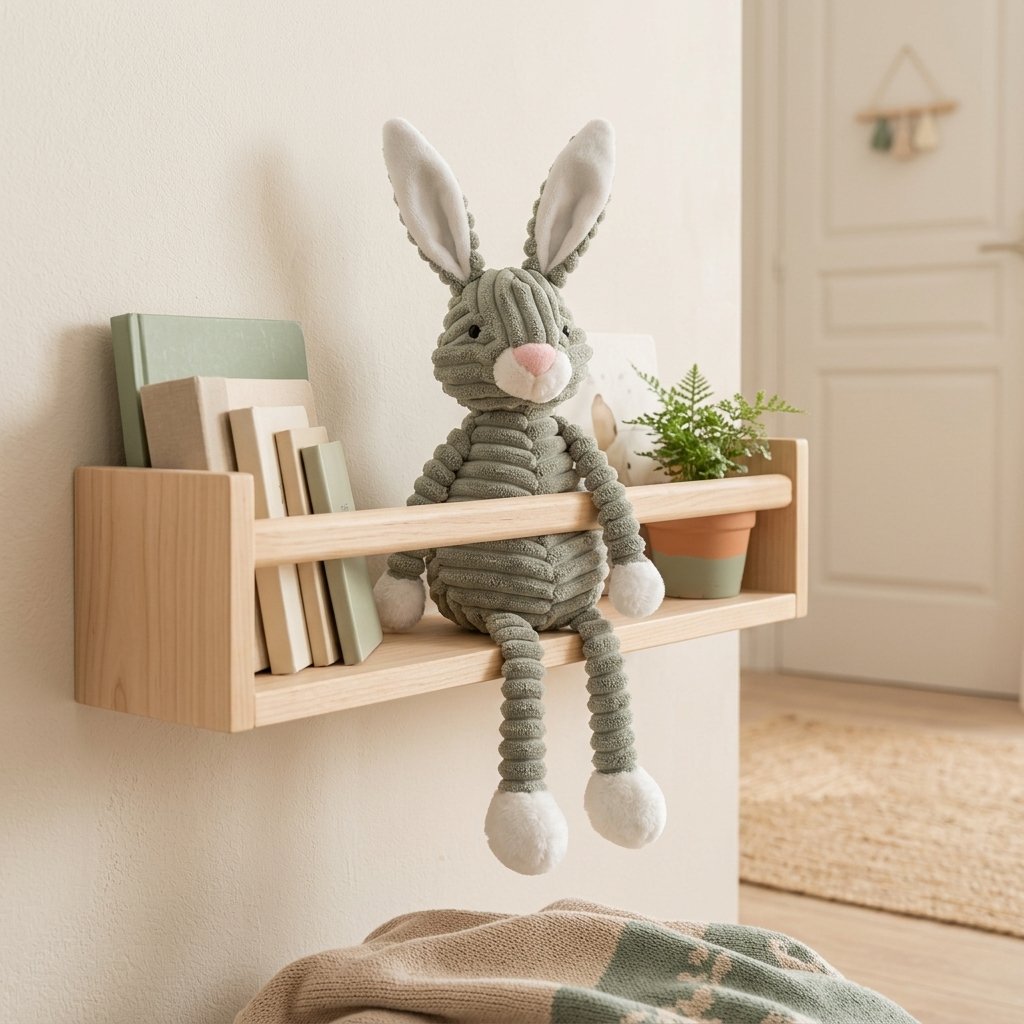 Peluche lapin assise au bord d'une étagère, jambes pendantes
