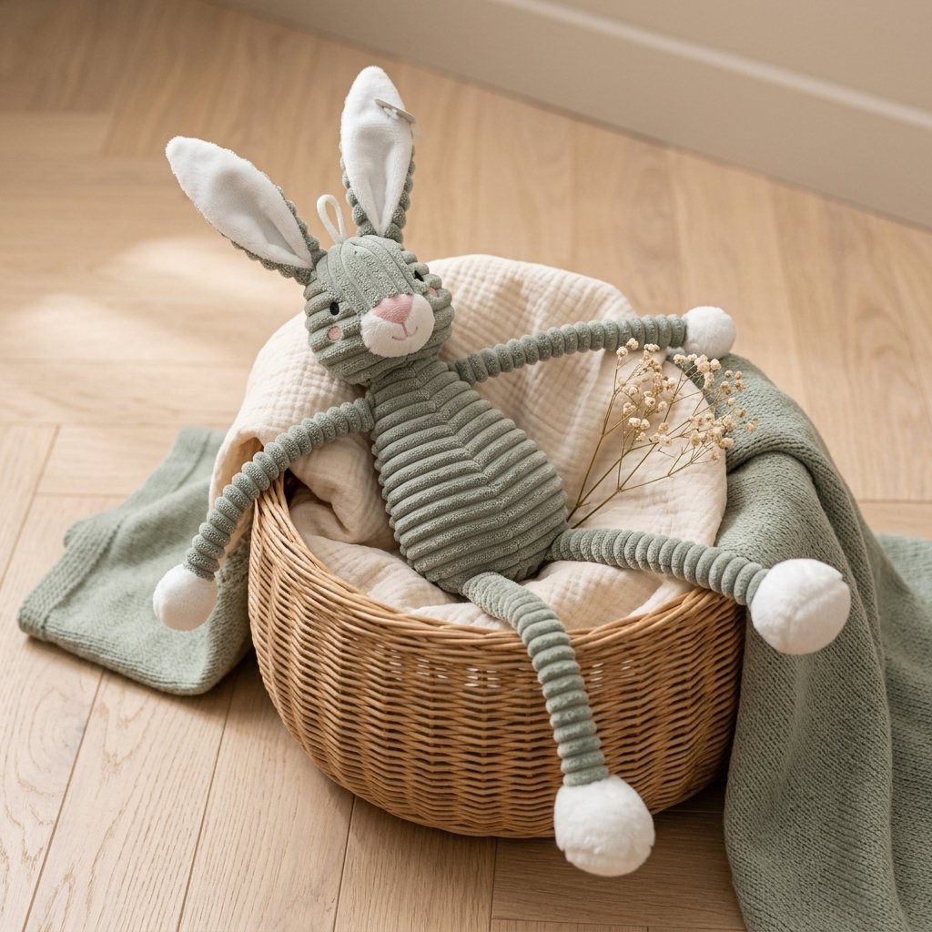 Peluche lapin en velours côtelé dans un panier en osier