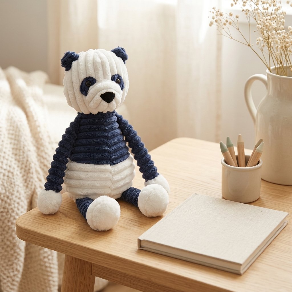 Peluche panda en velours côtelé à côté d'un livre pour montrer sa taille Image