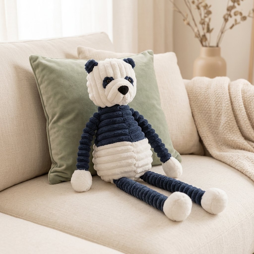 Peluche panda en velours côtelé sur un canapé